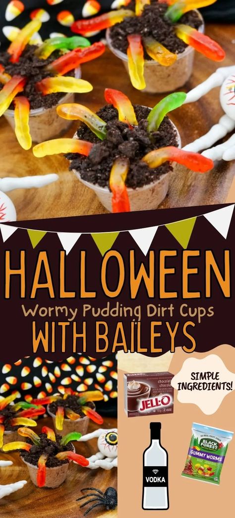 Halloween Pudding Shots Alcohol, Halloween Pudding Shots, Halloween Dirt Pudding, Halloween Dirt Cups, Rumchata Pudding Shots, Baileys And Vodka, Halloween Pudding, Halloween Dirt, Candy Corn Jello Shots