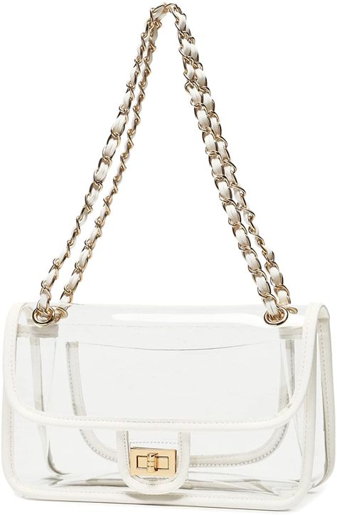 LAM GALLERY Womens PVC Clear Purse Handbag with Chain Stadium Approved Clear Bag See Through Bag for Working and Concert (White Gold Large): Handbags: Amazon.com Transparent Handbags, Nfl Stadium, Patent Leather Leggings, Clear Stadium Bag, Clear Handbags, Vinyl Plastic, Lock Chain, Stadium Bag, Bag Transparent