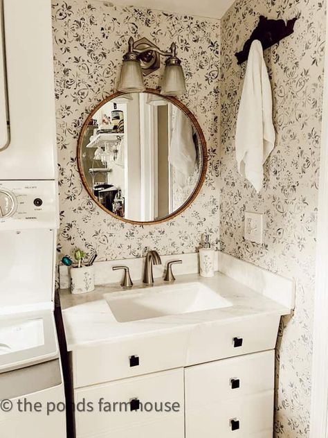 Bathroom Renovation was complete with Updated vanity with new hardware, countertop, faucet &round mirror Tiny Bathroom Remodel, Beach Cottage Bathroom, Faux Wallpaper, Bathrooms Decor, Boho Style Bathroom, Bathroom Renovation Cost, Small Bathroom Remodel Ideas, Bath Inspiration, Bathroom Remodel On A Budget