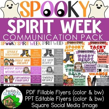 Looking for fun spirit week ideas for October? Spooky Spirit Week lets students show school spirit in fun spooky ways!Save 50% off all Spirit Day and Spirit Week packs by purchasing the yearlong Spirit Week Growing Bundle - plus get ALL future additions FREE!This fun-filled week includes the following spirit days:Monday - Spooky Socktober (wear your spookiest socks)Tuesday - Tacky Hair (wear your tackiest hairstyle)Wednesday - Wordy Nerdy (pick a word and dress up to represent the word)Thursday October Dress Up Days, Hospital Spirit Week Ideas, Halloween Spirit Week Ideas For School, Halloween Spirit Week Ideas For Work, October Spirit Week Ideas, Dress Up Themes Spirit Weeks, Fun Spirit Week Ideas, Halloween Spirit Week Ideas, Spirit Weeks