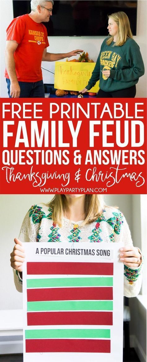 Want to play Family Feud at home? Get these free printable game questions! Funny questions about Thanksgiving and Christmas that are perfect for a holiday party! And simple instructions to DIY your own homemade family feud board and template at home! Christmas Family Fued, Family Feud Game Questions, Family Feud Board, Christmas Questions, Christmas Family Feud, Funny Christmas Games, Popular Christmas Songs, Christmas Games For Adults, Family Feud Game