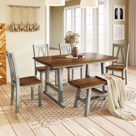 PRICES MAY VARY. Mdf 【6 Pieces Dining Table Set】 Whether you are preparing a casual gathering or a formal dinner, this dining set is sure to meet your requests for a large family. With 4 dining chairs and a bench, there are always freedom and flexibility to arrange your space with the way you like. 【Traditional Farmhouse Design】 This dining table set is sure to wow your guests with the level of your taste. The rustic dining table features a classical walnut tabletop and white frame. Splayed brac Farmhouse Style Kitchen Table, Wood Dining Table Set, Wood Dining Room Set, Kitchen Table Set, Walnut Dining Chair, Long Bench, Solid Wood Dining Set, Dining Furniture Sets, 4 Dining Chairs