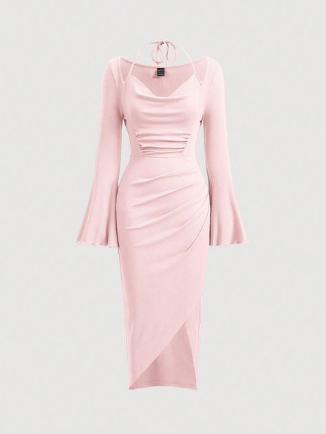 Pink Elegant Collar Long Sleeve Knitted Fabric Plain Bodycon Embellished High Stretch  Women Clothing Dress With Bell Sleeves, Elegant Outfits, Rose Bonbon, Shein Dress, Bell Sleeve Dress, Elegant Outfit, Long Sleeve Knit, Swing Dress, Ruffle Hem