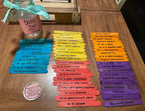 2024 Jar Ideas, Date Sticks Jars, Date Night Jar Ideas Diy Popsicle Sticks, Date Night Categories, Mason Jar Date Night Ideas, Date Idea Jar Diy, Popsicle Date Night Ideas In A Jar, Date Jar Ideas Couples Popsicle Sticks, Date Craft Ideas Couple