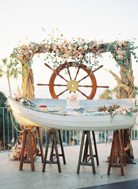 20 Reasons to Have a Nautical Wedding - aka this rustic beachy dessert bar - Inspired By This Canoe Wedding, Nautical Wedding Inspiration, Pirate Wedding, Beach Wedding Decorations Reception, Rustic Wedding Backdrops, Nautical Wedding Theme, Sea Wedding, Ocean Wedding, Modern Nautical