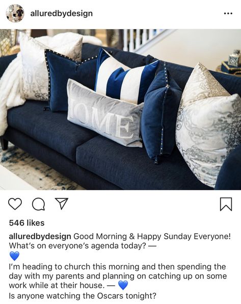 Navy Blue and gray couch pillows! What a combination!!! 🥰 Blue Couch Accent Pillows, Dark Blue Couch Pillow Ideas, Navy Blue Pillows On Couch, Blue Couch Pillow Ideas, Grey Couch Blue Pillows, Gray Couch Pillows, Farmhouse Den, Blue Leather Couch, Dark Blue Couch