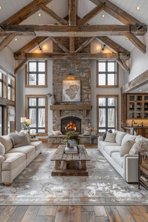 Barndominium Rustic Interior, Barndominium Great Room Ideas, Barn Beams In House, Modern Barndominium Ideas Interior, Cozy Farm Home, Stone And Wood Fireplace, Transitional House Interior, Barndominium Living Room, Cozy Barndominium