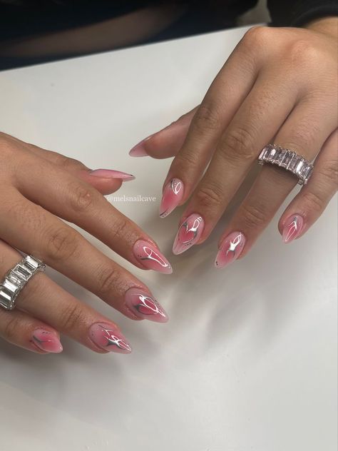 Airbrush nails with silver detailing 🛸 Airbrush Set Nails, Pink And Silver Nail Ideas, Airbrush Nails With Chrome, Red Or Pink Nails, Red Nails With Silver Chrome, Almond Nails Airbrush, Almond Airbrush Nails, Gel X Almond Nail Designs, Best Acrylic Nails Almond