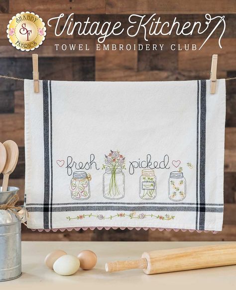 Remember the delicate hand-stitched towels in your mother’s or grandmother’s home? This club allows you to re-create those memories every month of the year! Decorate your kitchen with these 12 adorable Vintage Kitchen Towels, with embroidery designed by Barri Sue Gaudet. Give your kitchen a classic vintage look with this embroidery club!  Learn more and see the other designs by clicking the images here. Towel Embroidery Ideas, Remembering Grandmother, Kitchen Towel Embroidery, Embroidery Kitchen Towels, Vintage Kitchen Towel, Embroidery Kitchen, Quilt Club, Crazy Quilt Stitches, Frixion Pens