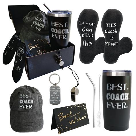 PRICES MAY VARY. What You’ll Get: The coach gifts set contains a nice gift box written as “BEST COACH EVER” and inside the nice coach gift box, 1 insulated tumbler, 1 stylish Keychain, 1 Whistle, 1 Hat,1 pair of Socks, 1 Greeting Card, This coach gift set has everything coach needs to enjoy his life to the fullest, you never have to look around for gift to appreciate your coach, this gift set in enough. Delicate Design: The tumbler and baseball cap is printed with words like BEST COACH EVER, soc Volleyball Coaches Gift Ideas, Cheer Coach Gifts End Of Year, Coaches Gift Ideas, Coach Gift Ideas, Coach Basketball, Coach Soccer, Coaches Gifts, Volleyball Coach Gifts, Coach Appreciation Gifts