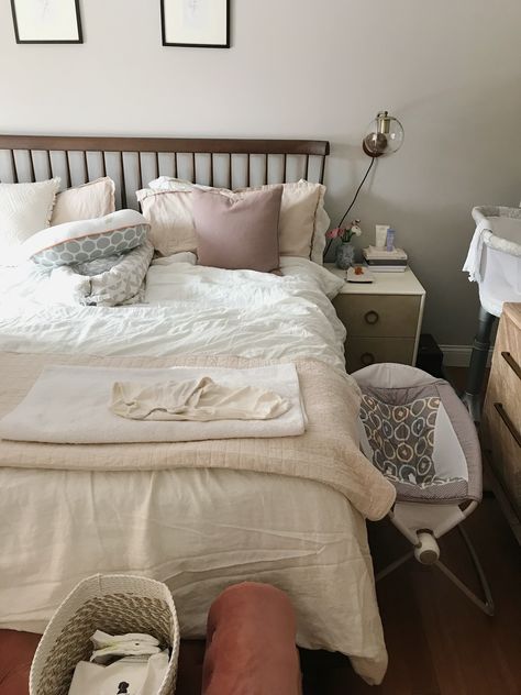 Bedroom Newborn Setup, Cosleeping Setup, Newborn Bedroom Setup, Bedroom Setup For Newborn, Bedside Set Up For Newborn, Newborn Setup In Parents Bedroom, Parents Bedroom, Newborn Room, Nightly Routine