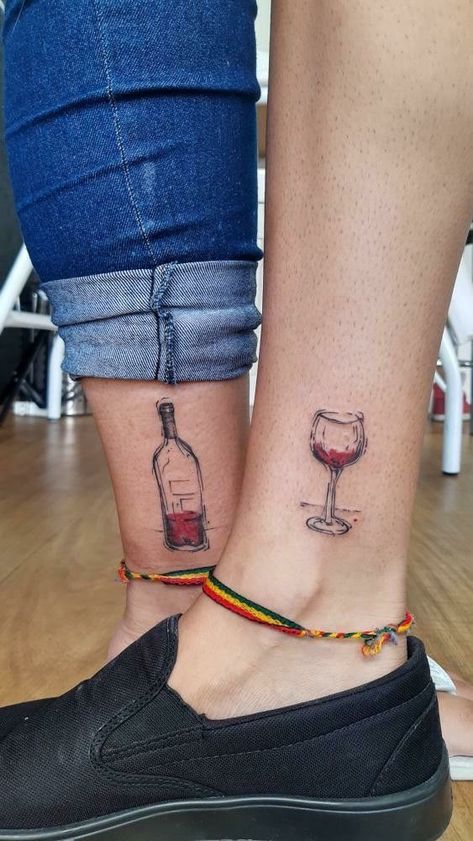 Best Friend Wine Tattoos, Bottle Of Wine Tattoo, Wine Tattoo Best Friend, Wine Bottle Tattoo, Wine Tattoos, Tattoo Amigas, Wine Glass Tattoo, Pair Tattoos, Wine Tattoo