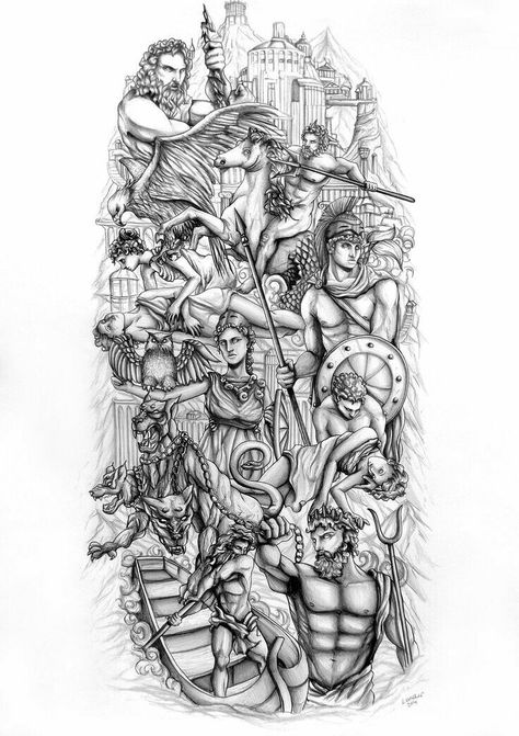 Dance Drawings, Hades Tattoo, Greek God Tattoo, Zeus Tattoo, Spartan Tattoo, Kunst Tattoos, Full Sleeve Tattoo Design, Greek Mythology Tattoos, God Tattoos