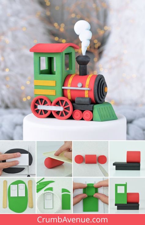 Fondant Train Topper, Fondant Train Cake Topper, Cake Decorating Step By Step, Fondant Train Tutorial, Fondant Cake Toppers How To Make, Vehicle Cakes For Boys, Train Crafts For Kids, Train Cakes For Boys, Clay Train