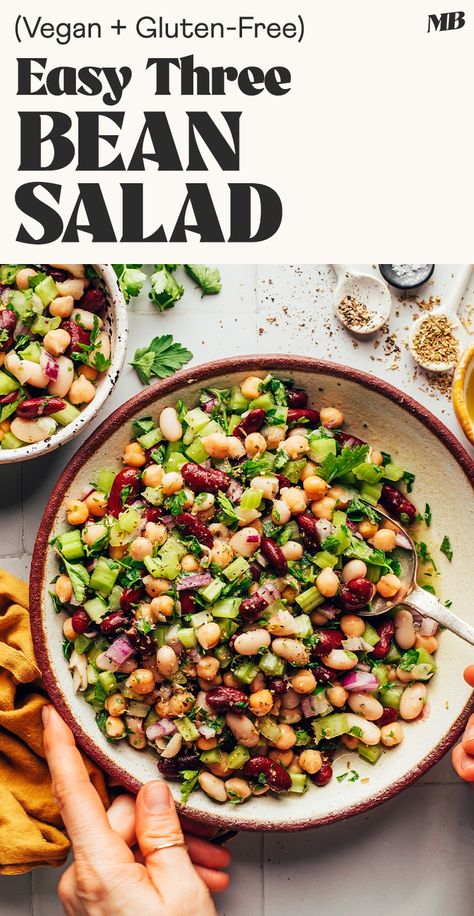 Three bean salad: a GO-TO side for summer gatherings, or anytime you’re craving an easy, fiber-packed dish! Just 10 minutes required! Salad Mixes, Three Bean Salad, Bean Salad Recipes, Minimalist Baker, Mediterranean Salad, Canned Chickpeas, Bean Salad, Summer Salads, Soup And Salad