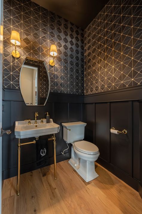 Castle Pines - Powder Room - Denver - by Arise Constructions & Remodels | Houzz Half Bath Ideas Powder Rooms, Black Wainscoting Bathroom, Wainscoting Powder Room, Wainscoting Ideas Bathroom, Powder Room Renovation, Black Wainscoting, Mudroom Remodel, Half Bath Remodel, Powder Room Ideas