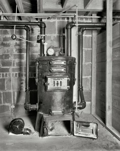 Neat old coal boiler or furnace.  it even has an electric blower to feed air to it. pretty high tec and just plain neat! Shorpy Historical Photos, Hydronic Heating Systems, Hydronic Heating, Steam Boiler, Antique Stove, Cast Iron Radiators, Water Boiler, Central Heating System, Fireplace Inserts