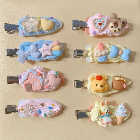 Cream Clip Handmade, Cream Glue Hair Clips, Kawaii Hair Pins, Cream Glue Ideas, Cream Glue Diy, Hair Pin Aesthetic, Decoden Hair Clips, Hair Accessories Business, Clay Hair Accessories