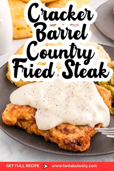 If you cannot get enough of Cracker Barrel’s signature dish, you will love this copy-cat Cracker Barrel country fried steak recipe! Ready in 40 minutes, this restaurant-quality country-fried steak recipe will surely impress for a delicious breakfast! Baked Country Fried Steak, Country Fried Steak Recipes, Country Fried Gravy Recipe, Cracker Barrel Sawmill Gravy Recipe, Crockpot Chicken Fried Steak, Cracker Barrel Gravy Recipe, Oven Baked Chicken Fried Steak, Cracker Barrel Chicken Fried Steak, Country Fried Steak Breakfast