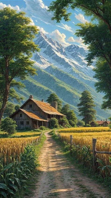 Indian Landscape, Slanted Roof, Road Painting, Countryside Art, Golden Fields, Countryside Paintings, Farm Pictures, Cottage Painting, Classic Wallpaper