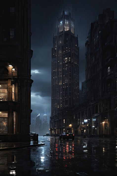 Immerse yourself in the hyper-realistic beauty of Gotham City at night. Witness the breathtaking Wayne Tower piercing the skyline as raindrops cascade down, creating a dark aesthetic that feels both surreal and eerily authentic. Explore the mesmerizing details of ultra-realistic buildings that bring Gotham to life like never before. 🌃🦇 #GothamCity #DarkAesthetic #WayneTower #HyperRealistic #Cityscape #RealisticBuildings #RainyNight #UrbanArt Dark Cityscape Aesthetic, Rain City Aesthetic, Gotham City Art, City Skyline Aesthetic, Gotham City Wallpaper, Wayne Tower, Gotham City Aesthetic, Dark City Aesthetic, Gotham City Skyline