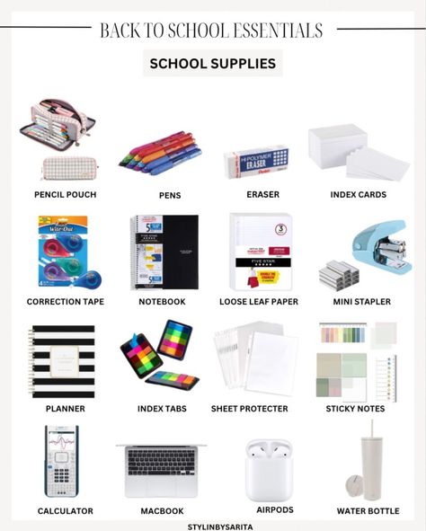 10 Must-Haves for New Teachers https://whispers-in-the-wind.com/back-to-school-bag-essentials-you-didnt-know-you-needed-but-totally-do/?preppy-fashion-a-timeless-look Basic Stationary Supplies List, College School Supplies List Student, Organized School Supplies Aesthetic, Senior High School Supplies, New School Supplies, Back To School Items Highschool, Things For High School Supplies, Back 2 School Supplies, What Stationary Do I Need For School