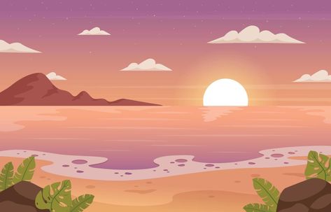 Japanese Beach Aesthetic, Beach Cartoon Background, Penguin Animation, Sunset Cartoon, Cartoon Sunset, Animated Scenery, Scenery Clipart, Cartoon Scenery, Wallpapers Sunset