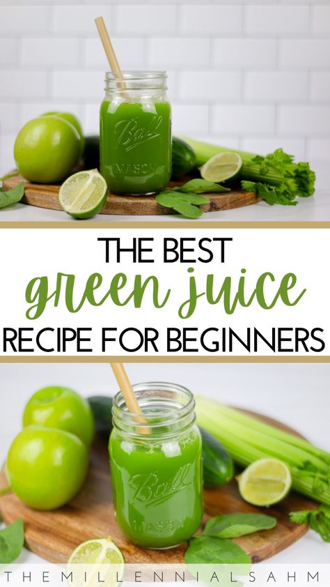 Green Juice Recipe For Beginners - The Millennial Stay-At-Home Mom Best Green Juice, Best Green Juice Recipe, Fresh Juice Recipes, Recipe For Beginners, Healthy Juicer Recipes, Green Juice Recipe, Juice Cleanse Recipes, Green Juice Recipes, Juicer Recipes