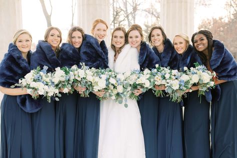 Navy Bridesmaid Dress With Fur Shawl, Navy And White Winter Wedding, Navy Blue Winter Bridesmaid Dresses, Christmas Blue Bridesmaid Dresses, Winter Wedding Bridesmaids Shawl Navy Blue, Winter Wedding Maid Of Honor Dresses, Navy Blue Bridesmaid Dresses Winter, Winter Maid Of Honor Dress, Navy Winter Bridesmaid Dresses