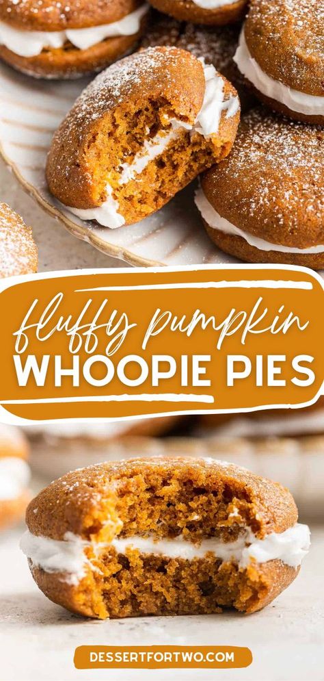 Your fall baking list won't be complete without these cookie sandwiches! This fall dessert starts with a pumpkin cookie recipe. Filled with vanilla buttercream, these soft, fluffy Pumpkin Whoopie Pies are a Thanksgiving sweet treat everyone will love! Pumpkin Oatmeal Whoopie Pies, Whoppie Pies Pumpkin, Best Pumpkin Whoopie Pies, Thanksgiving Whoopie Pies, Pumpkin Whoopie Pies Recipe, Pumpkin Whoopi’s Pies, Pumpkin Moon Pies, Mini Pumpkin Whoopie Pies, Whoopie Pies Pumpkin