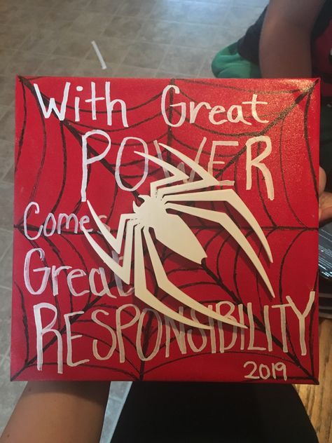 Spider Man Hoco Proposal Poster, Grad Cap Designs Marvel, Spider Man Grad Cap, Lil Peep Graduation Cap, Cap Decoration Graduation Spiderman, Tvd Graduation Cap Ideas, Graduation Cap Marvel, Grad Cap Ideas Marvel, Marvel Graduation Party