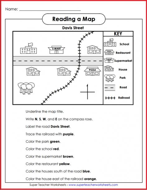 Teach basic map skills with this printable map activity. Students will learn how to read a map legend or key, follow directions, and recognize North, South, East, and West on a compass rose. Kindergarden Worksheet Social Studies, Map Legend, Reading Skills Worksheets, Social Studies Maps, Teaching Maps, Map Skills Worksheets, 3rd Grade Social Studies, Kindergarten Social Studies, Map Worksheets