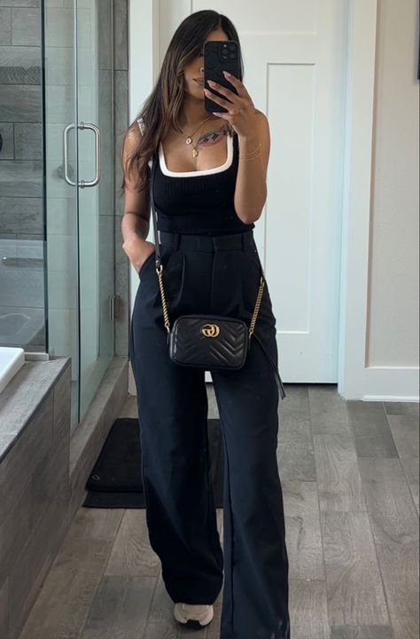 Wide leg black pants with black and white tank top. Chunky sneakers & a Gucci purse Comfy Trousers Outfit, Chunky Sneakers Outfit Fall, Black Trousers And Sneakers Outfit, Black Trousers Outfit Casual Summer, Trousers Outfit Sneakers, Jersey Trousers Outfit, Casual Outfits With Trousers, All Black Outfit With Sneakers, Black Trousers Outfit Casual Sneakers