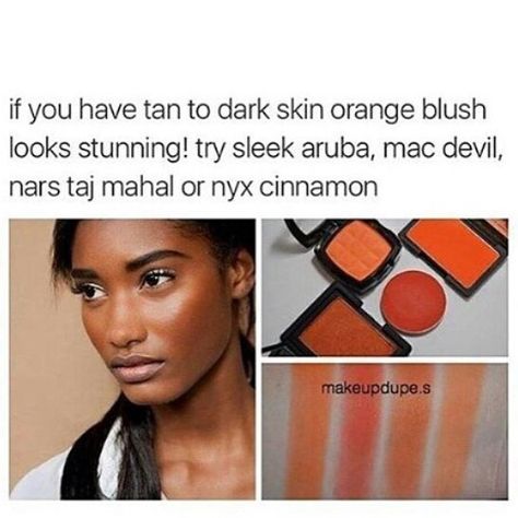 Color Blush For Dark Skin, Black Hair Makeup, Dark Skin Makeup Tutorial, Orange Blush, Orange Makeup, Tanning Tips, Glitter Bomb, Makeup Help, Good Presentation