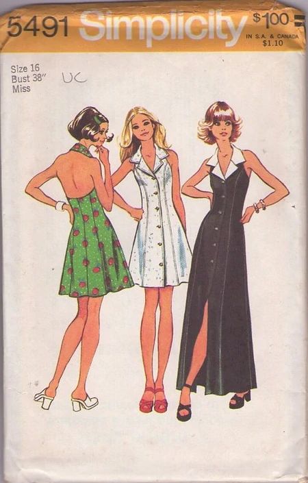 Collared Halter Top, Sleep Ware, 1950s Glamour, Halter Dress Pattern, 70s Sewing Patterns, Simplicity Patterns Dresses, Vintage Vogue Patterns, Patron Vintage, 1970's Fashion