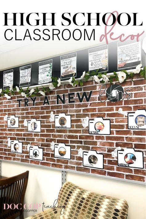 Looking for inspiration to decorate your high school classroom? Look no further! Tour my high school English flexible seating classroom with links to decor and setup items, and explanations for my creative process, teacher desks, and bulletin boards . Make decorating meaningful and functional! High School English Classroom Decor, Teacher Desks, High School Classroom Decor, High School Bulletin Boards, English Classroom Decor, Flexible Seating Classroom, High School English Classroom, Classroom Decor High School, Teaching Secondary