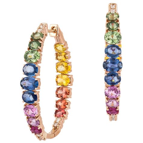 EARRING 18K Rose Gold Diamond 0.33 Cts/12 Pieces, Multi Sapphire 10.80 Cts/32 Pieces Sapphire Jewellery, Multicolor Jewelry, Multicolor Earrings, Multi Sapphire, Color Jewelry, Color Stone, Fabulous Jewelry, Sapphire Earrings, Sapphire Jewelry