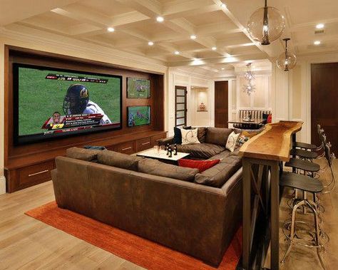 Love the finished basement and man cave ... #Design #Entertainment #EntertainmentRoom #Interior #InteriorDesign #HomeDecor #finishedbasementideas Bar Table Behind Couch, Ideas Decoracion Salon, Table Behind Couch, Basement Home Theater, Bar In Casa, Behind Couch, Basement Reno, Sala Tv, Recreational Room