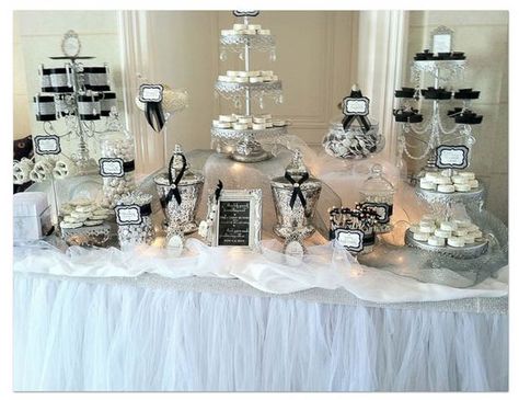 Black and White Candy Buffet from hwtm.com | Black and White party White Candy Table, White Candy Buffet, Tiered Dessert Stand, Decoration Buffet, Candy Buffet Tables, Candy Station, Custom Candy, Dessert Stand, Dessert Buffet