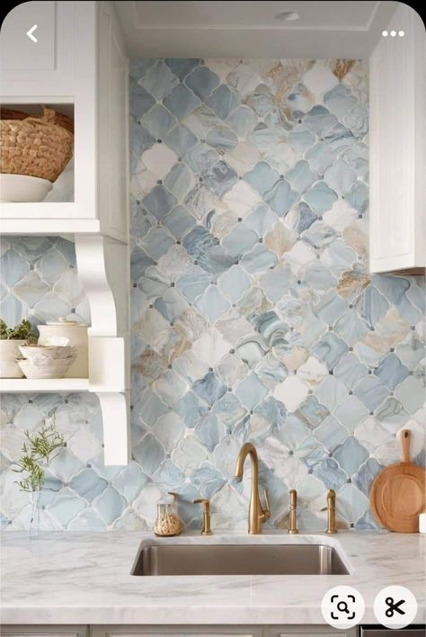 Kitchen Blue Tiles Backsplash, Beach Backsplash Ideas, White Blue And Gold Kitchen, Beach Kitchen Aesthetic, Beach House Inspo Coastal Style, Beach House Aesthetic Kitchen, Beachy Backsplash Kitchen, Blue Accent Tile Shower Wall, Beach Backsplash Kitchen