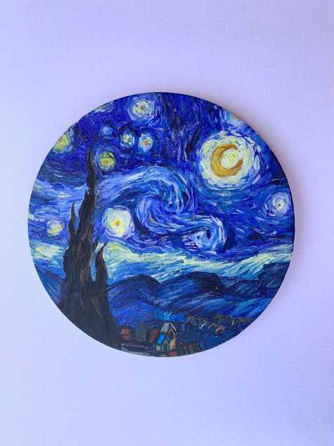 starry night van gogh circle painting Stary Night Paintings, Circle Board Painting, Circle Glass Painting, Starbucks Nametags Art, Starbucks Nametags, Circle Canvas Painting Ideas, Starry Night Circle, Record Painting, Glass Circle