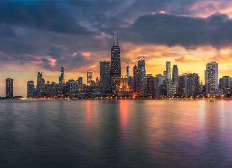 I was treated with some gorgeous color while photographing the Chicago skyline. It was slightly windy, so i used a 6 stop neutral density filter to smooth the water out. #fstoppers Chicago Background, Chicago Skyline Wallpaper, City Skyline Aesthetic, Skyline Pictures, Chicago Skyline Art, Chicago City Skyline, Midnight Society, Chicago Landscape, Chicago Cityscape