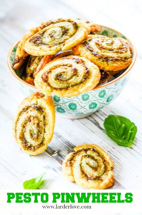 These pesto pinwheel biscuits are super easy to make in minutes, the perfect party snack #pestopinwheels #pinwheels #pesto #partysnacks #partyfood #larderlove Pesto Pinwheels, Asparagus Appetizer, Pine Nut Pesto, Pickled Asparagus, Cheese Pinwheels, Pesto Cheese, Pinwheel Appetizers, Christmas Hampers, Afternoon Tea Recipes