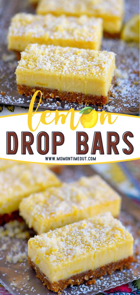 Lemon Drop Bars are perfect for summer! The graham cracker crust is a terrific counterbalance to the extra creamy filling. Easy to make and deliciously sweet and tart, this dessert is hard to resist! Find out the secret topping that takes this recipe over the top! Candied Lemon Zest, Cracker Dessert, Lemon Treats, Lemon Bars Easy, Biscuits Graham, Lemon Bars Recipe, Cookies Bars, Square Recipes, Lemon Dessert Recipes