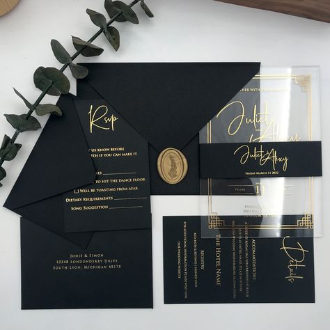 "These personalized acrylic wedding invitation suite are 100% handmade and they made in Istanbul with love! The set also includes also RSVPs and Detail Cards if you prefer. They are durable due to made from 300 gsm paper and 0.5 mm thickness PVC/PET. And we used real foil printing not vinyl stickers to avoid damage text. 100% guaranteed to blow the minds of your guests! --Wax seals are used to increase the visuality, if you want a wax seal in your products, contact us. --You can check our other Wedding Black White Gold, Black And Gold Wedding, Acrylic Wedding Invitation, Foil Printing, Black Wedding Invitations, Acrylic Wedding Invitations, Dark Wedding, Black Invitation, Personalized Acrylic