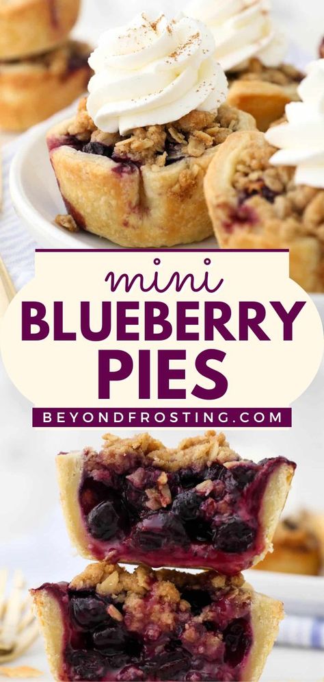 Looking for individual Thanksgiving desserts? Your dinner party must have this mini pie recipe! Baked in a muffin tin with an oatmeal and brown sugar crumble topping, these easy mini blueberry pies are flavor-packed! Muffin Tin Peach Pies, Mini Baked Pies, Pie Crust Muffin Tin, Mini Pie In Muffin Tin, Mini Cobblers Muffin Tins, Individual Blueberry Pies, Mini Blueberry Pies Easy, Mini Pie Pan Recipes, Mini Pie Filling Recipes