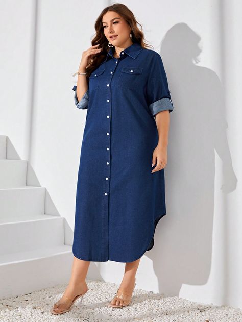 Plus Size Denim Overall Dress With Buttons Dark Wash Casual  Half Sleeve Denim Plain Shirt Non-Stretch  Women Plus Clothing, size features are:Bust: ,Length: ,Sleeve Length: Stylewe.com Fashion, Denim Fashion Women Dresses, Denim Shirt Dress Outfit, Shirtdress Outfit, Denim Shirt Dress Women, Dress For Plus Size Women, Casual Denim Dress, Plus Size Shirt Dress, Vestidos Jeans