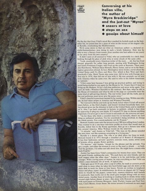 Living: The Truth About Gore Vidal—Right from Gore Vidal. Article by Curtis Bill Pepper. Photo by Leombruno-Bodi-Lami. Vogue, December 1974. (Page 2/5) Gore Vidal, Italian Villa, Front Runner, He Is Able, Fun To Be One, The Truth, Number One, Best Sellers, How To Find Out