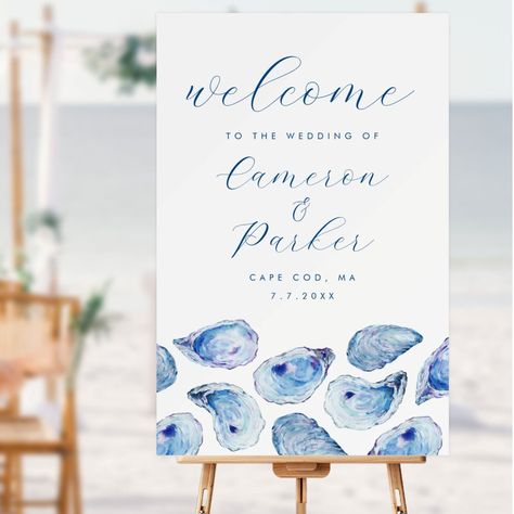 Add a touch of coastal charm to your beach wedding with our oyster shell wedding welcome sign. This foam board sign is ideal for weddings at popular East Coast venues like Belle Mer in Rhode Island, The Ocean House in Connecticut, Oceanbleu in New York, Wychmere Beach Club in Massachusetts, and The Ritz-Carlton in Florida. Designed by Concertina Press. Island Theme Wedding, Beach Wedding Color Palette, Wedding Personal Touches, Kennebunkport Wedding, Rehearsal Dinner Sign, Shell Wedding, Coastal Wedding Inspiration, Beach Wedding Colors, Beachy Wedding