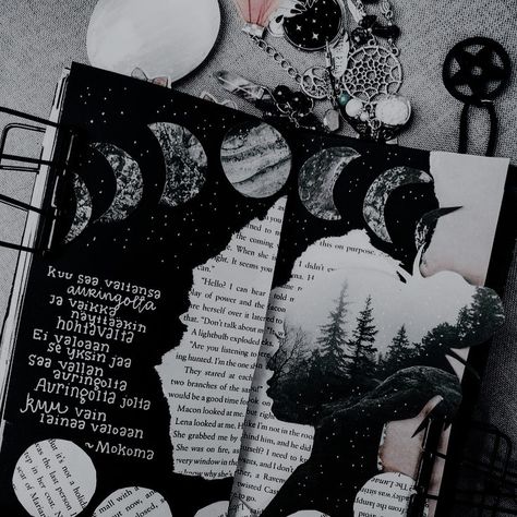 Moon Journal Aesthetic, Selenophile Journal, Witchy Scrapbook Ideas, Moon Journal Ideas, Dark Journal Aesthetic, Dark Scrapbook, Moon Scrapbook, Space Journal, Diy Photo Book